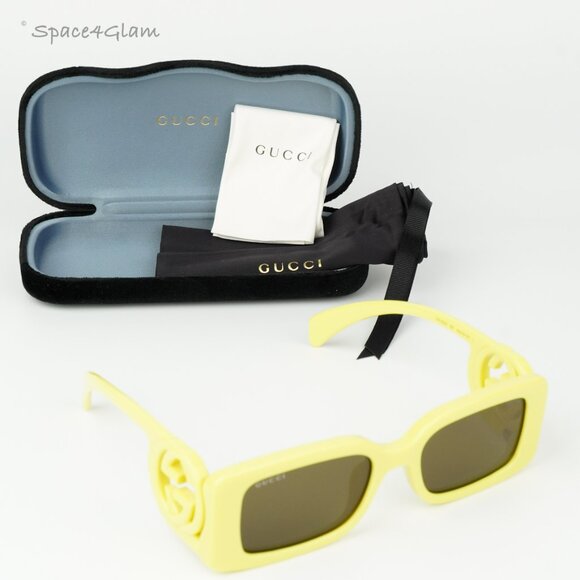 BRAND NEW Gucci GG1325S 007 Acid Yellow Brown Rectangle Unisex Sunglasses - Picture 4 of 9